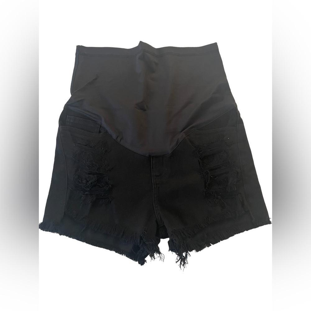 Black Denim Distressed Maternity Short